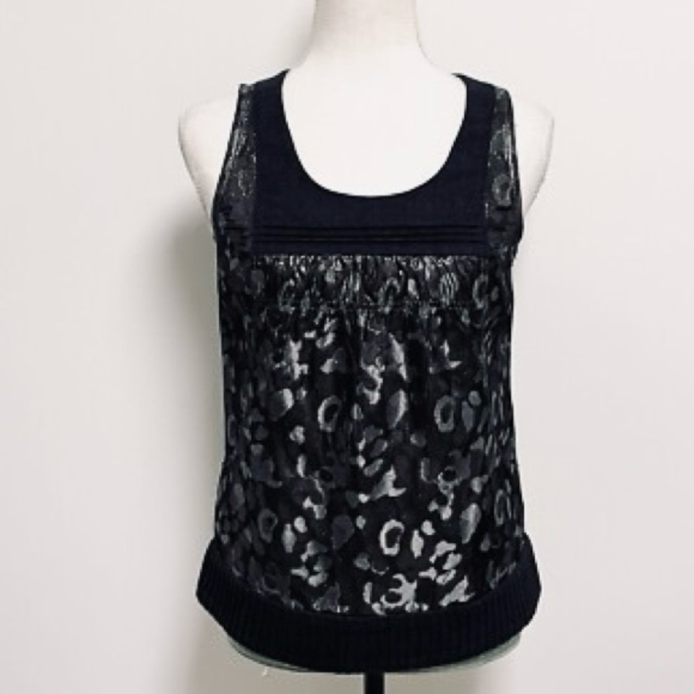 TORY BURCH Black Metallic Animal Leopard Print Sleeveless Tank Top